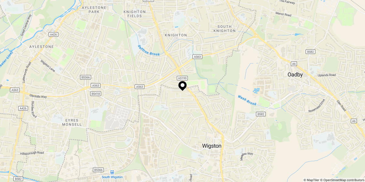 Approximate location of Kew Drive, Wigston, LE18 1HH
